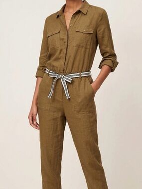 LOFT Olive Utility Jumpsuit with Striped Tie Belt
